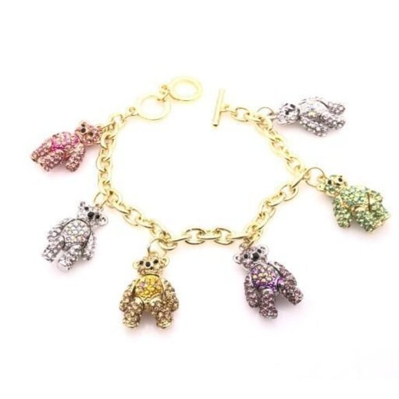 OPC CN Multicolor Crystal Studded Gold Teddy Bear Charm Bracelet - Picture 1 of 4